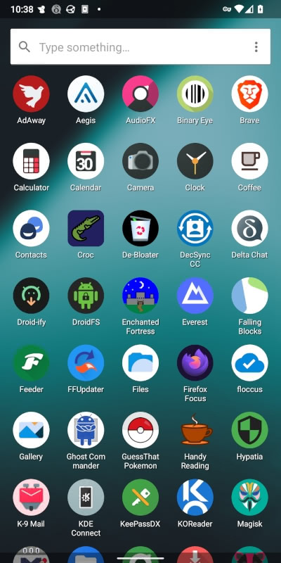 Screenshot of app drawer in Keikai Launcher for Android. The screen is filled with app icons arrayed in rows of five.