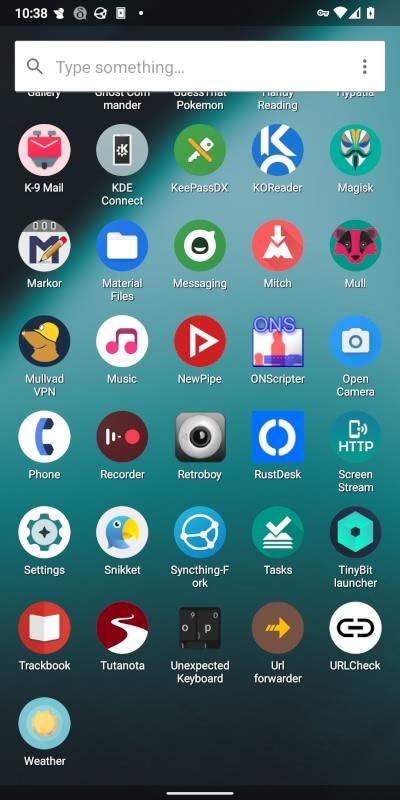 Screenshot of app drawer in Keikai Launcher for Android. The screen is filled with app icons arrayed in rows of five.
