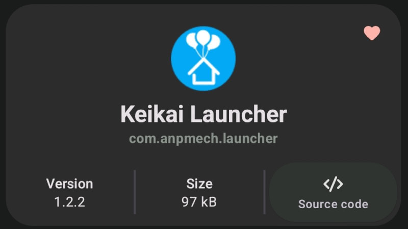 Clip  of the top of the Droid-ify app page for Keikai Launcher, showing the app's logo, a blue circle with a white outline of a house and balloons, above its version number, size, and link to source code. 