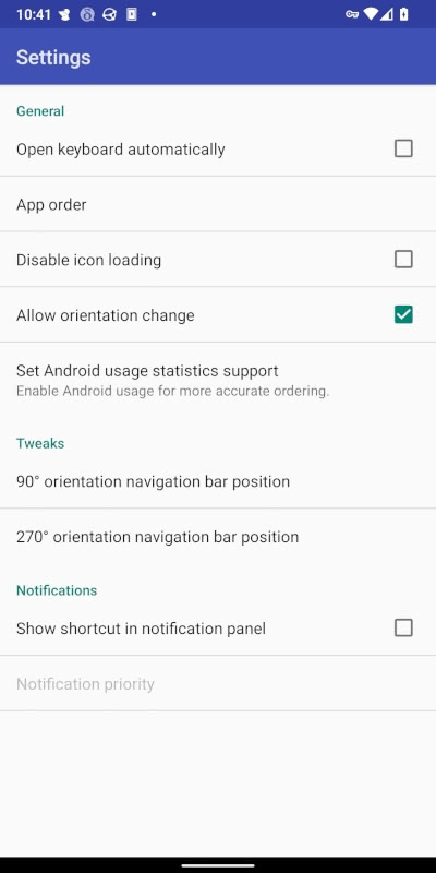 Full list of settings for Android's Keikai Launcher. There are check-boxes for "Open keyboard automatically," "Disable icon loading," "Allow orientation change," and Show shortcut in notification panel."  There are fiels to click for App order, See Android usage statistics report, and changing the orientation of the navigation bar.