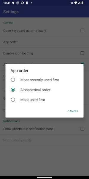 Options in Keikai Launcher for Android for displaying app order. You can choose between most recently used, alphabetical order (selected here), or most used.