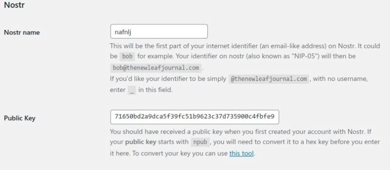 WordPress settings page in user account for the Nostr Verify extension. The extension shows a NIP-05 username, here nafnlj, and the user's  hexadecimal public key.