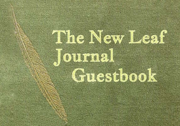 The official logo for The New Leaf Journal Guestbook. The text "The New Leaf Journal Guestbook" sits atop a green, textured book cover background next to the impression of a feather.
