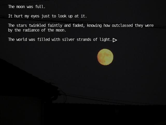 Scene in The Letter with a photograph of the Full Moon against the night sky. Takahiro describes the Moon as radiant in text overlaying the background.