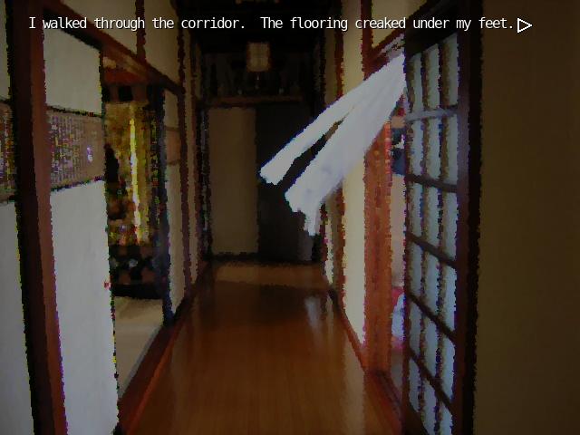 Scene from The Letter visual novel showing a modified photograph of a traditional Japanese home as background. Text overlaying the background: "I walked through the corridor. The flooring creaked under my feet."