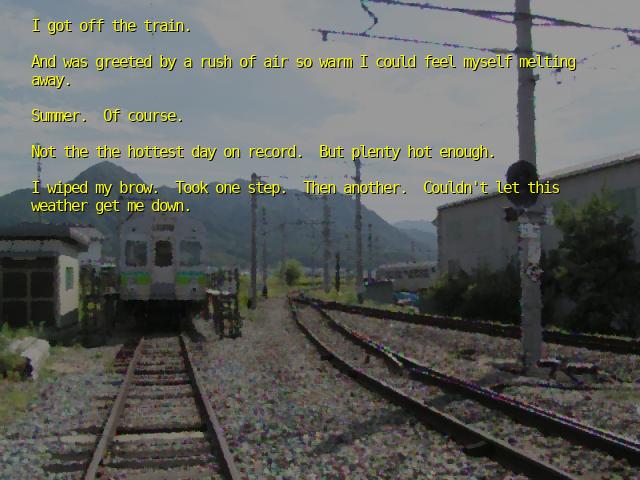 Scene in The Letter visual novel where the protagonist steps off a train in his home town. Yellow text around a photographic background of a rural train station. The protagonist is complaining about the heat.