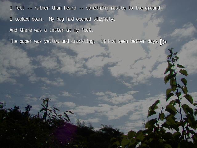 A scene from The Letter visual novel featuring a photographic background with a blue sky and trees. The speaker describes dropping a yellowing letter on the ground.