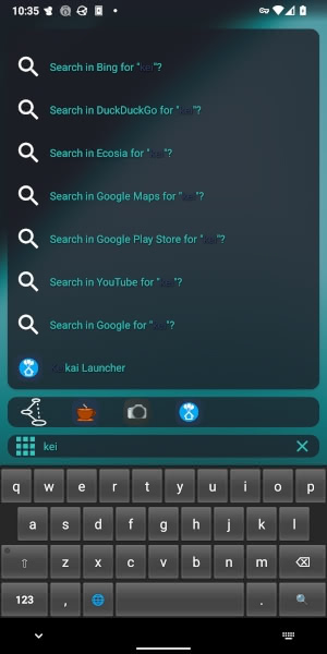 Using TinyBit Launcher to search for Keikai Launcher, which comes up with a search for "kei"