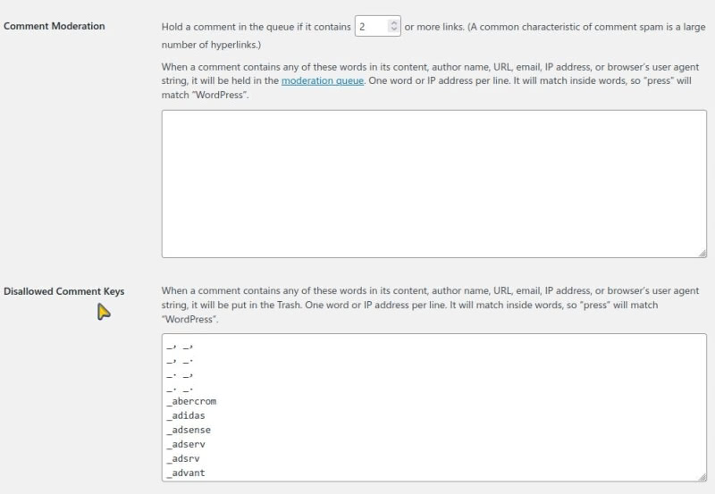 Showing the Disallowed Comment Keys field in the WordPress admin settings.