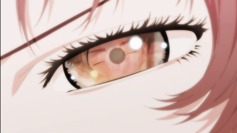 Close up of Ai Mie's eye with Kaede's face reflected in it in the first episode of The Girl I Like Forgot Her Glasses.