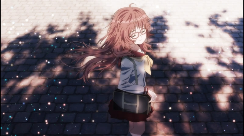 Ai Mie smiling at the camera while walking on cobblestones in the first episode of The Girl I Like Forgot Her Glasses.