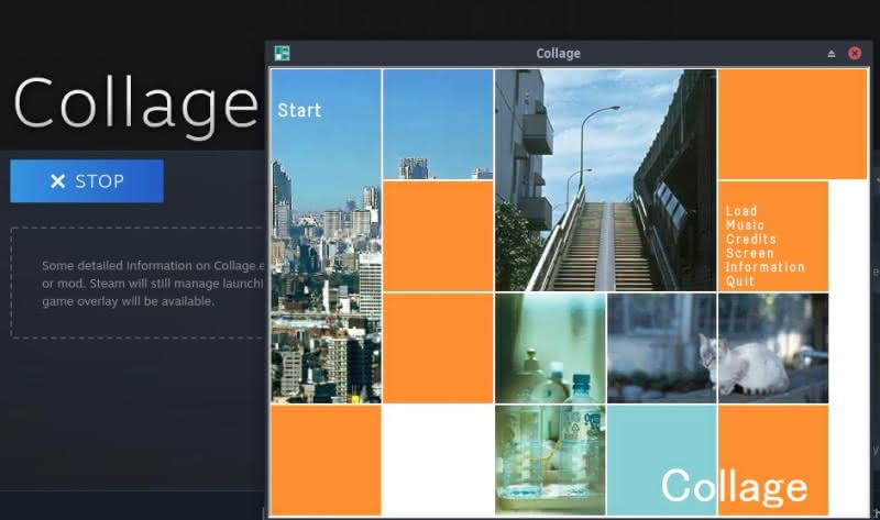 Start screen for the Collage visual novel after being launched from Steam as a non-Steam game.