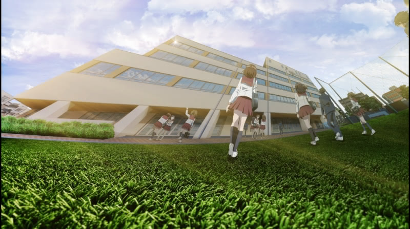 Very distorted shot of a school from ground perspective in the first episode of The Girl I Like Forgot Her Glasses.