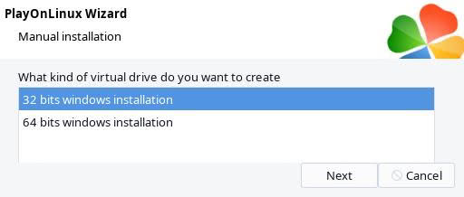 Choosing 32-bit Windows installation in PlayOnLinux.