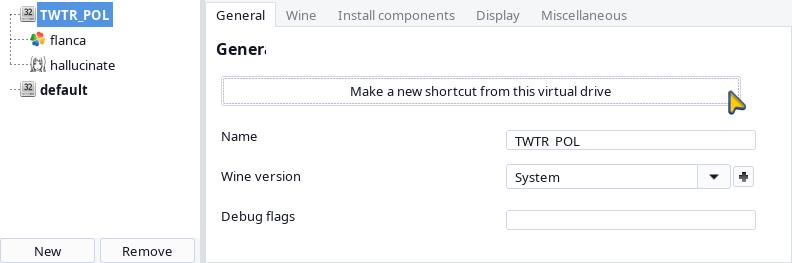 Highlighting option to add new shortcut for executable in PlayOnLinux virtual drive.
