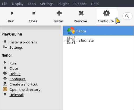 Highlighting "configure" button in main PlayOnLinux window.