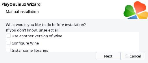 Leaving options to change WINE versions or install Windows utilities blank in new virtual drive in PlayOnLinux.