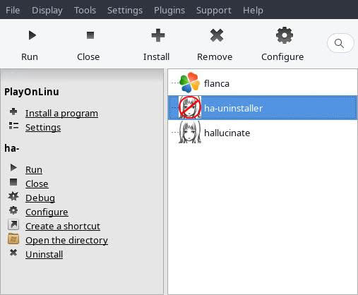 Showing addition of ha-uninstaller shortcut to PlayOnLinux home screen.