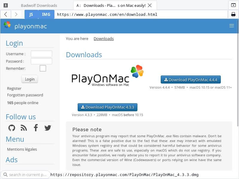Official download page for PlayOnMac with download links and installation instructions.