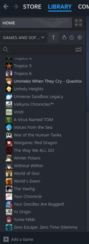 A list of Steam games in a Steam library.
