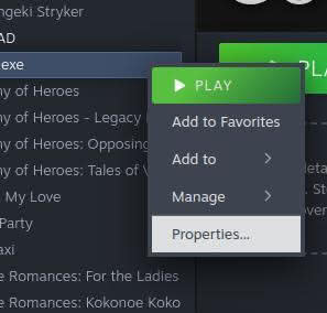 Bringing up context menu on game on Steam Library and highlighting "Properties"