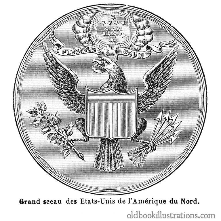 Nineteenth century engraving of the great seal of the United States showing a bald eagle.