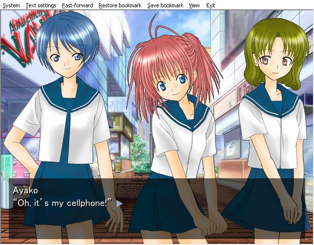 Ayako notes her cell phone is ringing while standing outside with her friends Kasumi and Chiho in the Midsummer Haze visual novel.