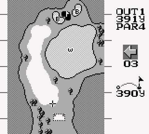 Overview of a par 4 in Golf (1990) for Game Boy. There is a small cross indicating where the player is aiming.