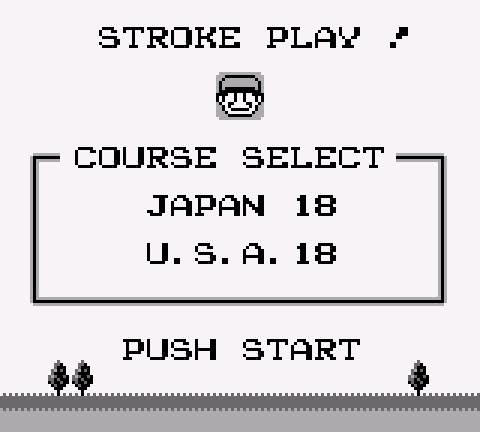 The course selection screen in Nintendo's Golf for Game Boy, first released in 1990. The player can choose between a Japan 18 hole course and a U.S.A. 18 hole course.