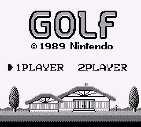 Title screen for Nintendo's Golf for Game Boy, first released in 1990. The grayscale screen has the game's logo and copyright, 1 or 2 player select, and a golf clubhouse.