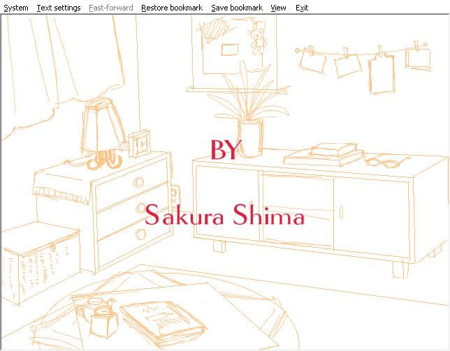 End credits of Midsummer Haze visual novel. Text reading BY Sakuma Shima overlays an outline background of a girl's bedroom.