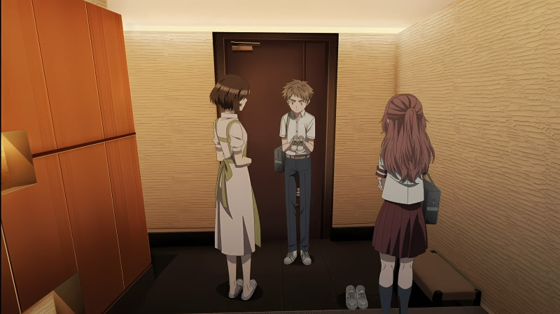 Scene from episode 11 of The Girl I Like Forgot Her Glasses with Komura standing inside the front doorway of the home of Ai Mie in front of Mie and her mother. He is holding Mie's gym shoes.