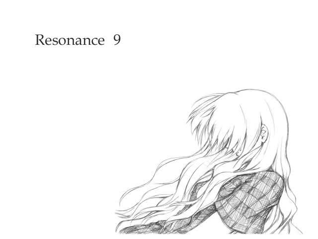 The 9th chapter card in A Midsummer Day's Resonance, a visual novel. It features a grayscale sketch of the protagonist, Kasumi Kurasawa, from her profile. Her long hair covers her face and we see her short-sleeved checkered blouse.