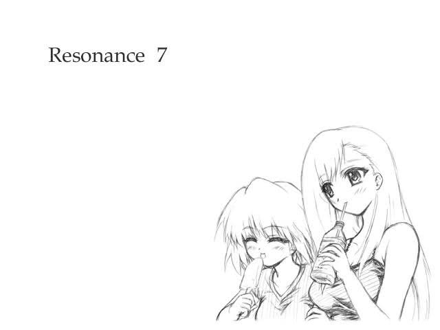 Gray scale card for chapter 2 of A Midsummer Day's Resonance showing Minamo and Itsuki eating treats outside.