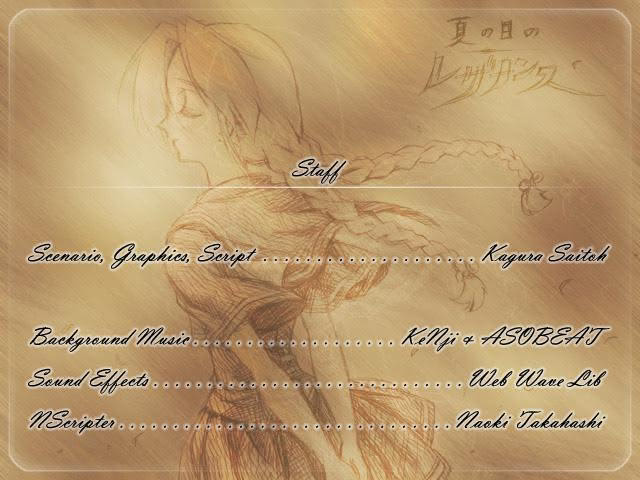 Scene from the end credits of A Midsummer Day's Resonance. Underneath the credits is what appears to be an etching of the back and profile of the protagonist, Kasumi Kurasawa, in brown parchment.