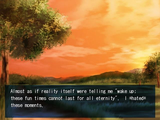 A text box against an orange sunset background in A Midsummer Day's Resonance. The text reads "Almost as if reality itself were telling me 'wake up: these fun times cannot last for all eternity'. I *hated* these moments."