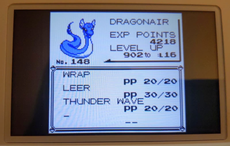 Status screen for Dragonair in Pokémon Yellow. It is at level 15, evincing that it was captured in the Safari Zone.