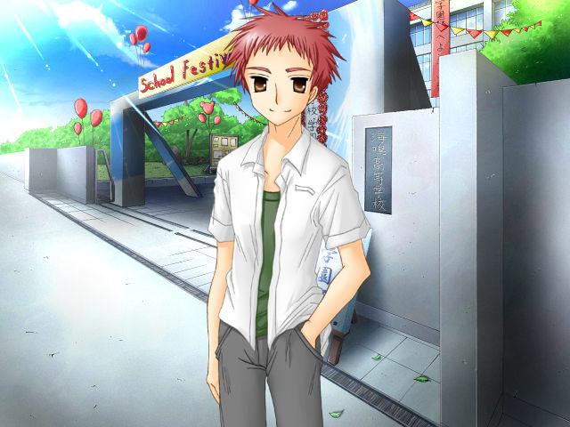 Reiji Nishihara standing outside of the school in A Dream of Summer, a visual novel.