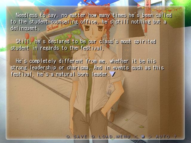 Scene in A Dream of Summer visual novel where the protagonist, Toshiki, gives a monologue on his red-haird friend, Reiji. Text in the pertinent part: "Needless to say, no matter how many times he's been called to the student counseling office, he's still nothing but a delinquent." Nevertheless, Toshiki then praises Reiji for his school spirit, charisma, and leadership qualities.