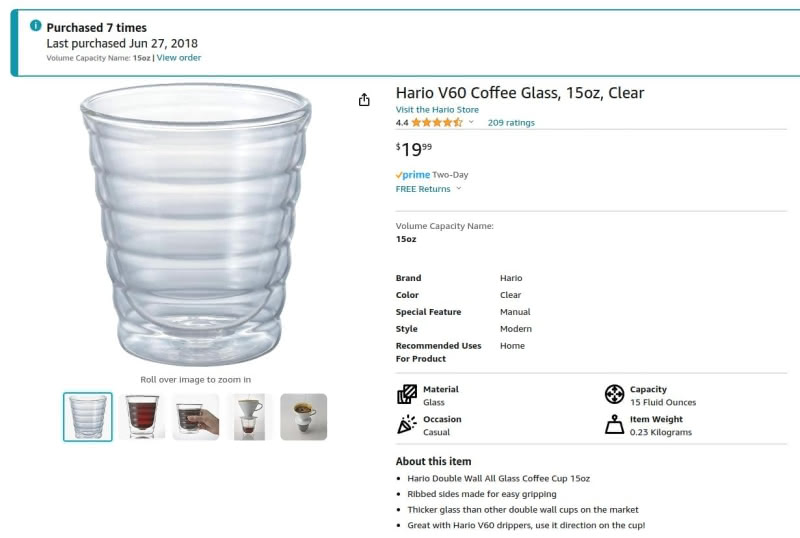 Screenshot of Amazon store page for Hario V60 coffee glass. The glass is in the top right. A banner above the glass states that I purchased the glass 7 times and last purchased on June 27, 2018.