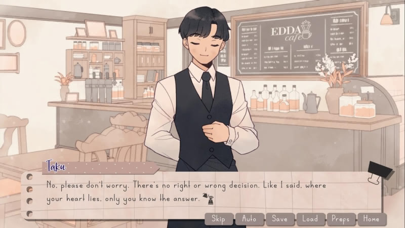 Taku telling the player in EDDA Cafe that there is no right or wrong choice.