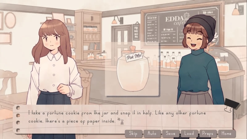 Mina and Rin discussing a cookie jar, which is pictured, in a scene in EDDA Cafe in the EDDA Cafe visual novel.