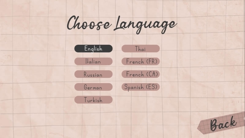 EDDA Cafe visual novel language select screen. English is highlighted. The options are Italian, Turkish, Canadian French, Metropolitan French, European Spanish, Russian, German, and Thai