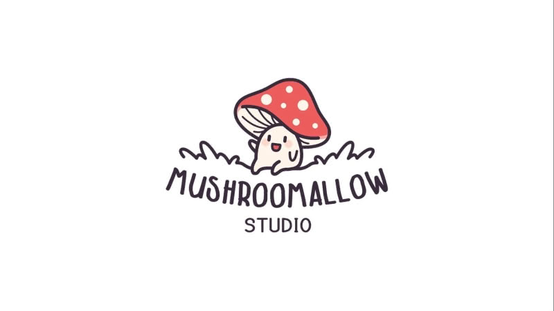 Splash screen for Mushroomallow Studio in EDDA Cafe, its first visual novel. There is a smiling mushroom mascot with feed sitting on top of the studio's name.