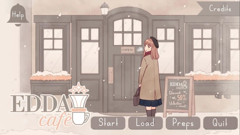 Default title screen for EDDA Cafe. It features the protagonist, Mina, looking back pensively at the door to EDDA cafe while dressed in a coat and scarf.