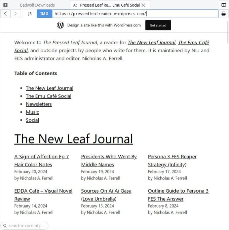 Screenshot of the Pressed Leaf Reader, a free WordPress.com-powered feed aggregator site for The New Leaf Journal and related projects.