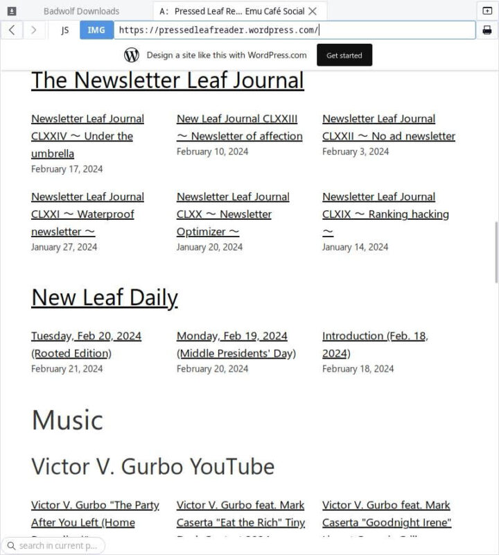 Screenshot of the Pressed Leaf Reader, a free WordPress.com-powered feed aggregator site for The New Leaf Journal and related projects.