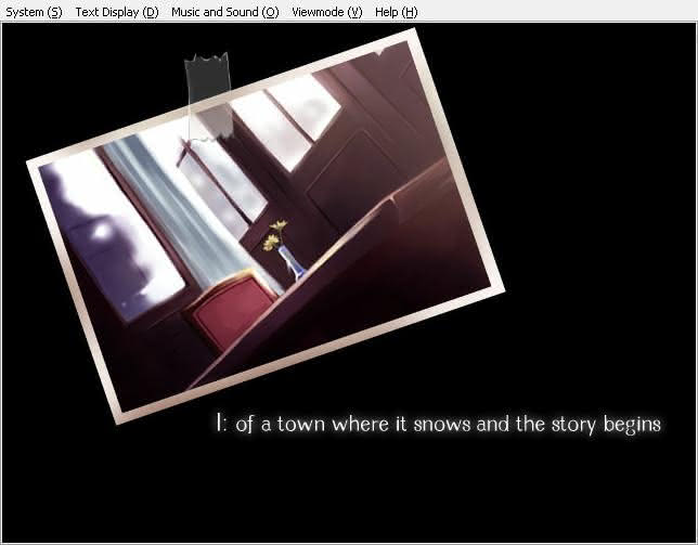 First chapter card in True Remembrance. A photo of a table at a cafe next to a window is "taped" to the top left of a black background. Text: "I: of a town where it snows and the story begins"