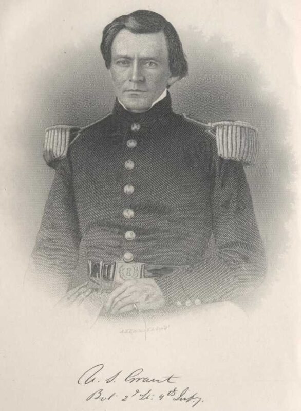 Etching of a young Ulysses S. Grant in military uniform from the Project Gutenberg edition of Grant's memoirs.