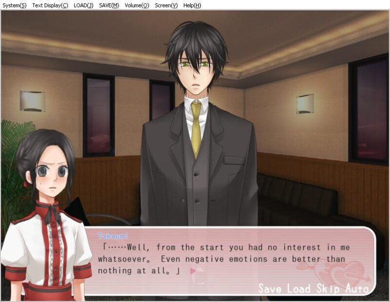 Scene in hotel room in main Boku no Shokora game with Komachi looking irritated on the left and Takaomi looking deadpan as he speaks: "Well, from the start you had no interest in me whatsoever. Even negative emotions are better than nothing at all."